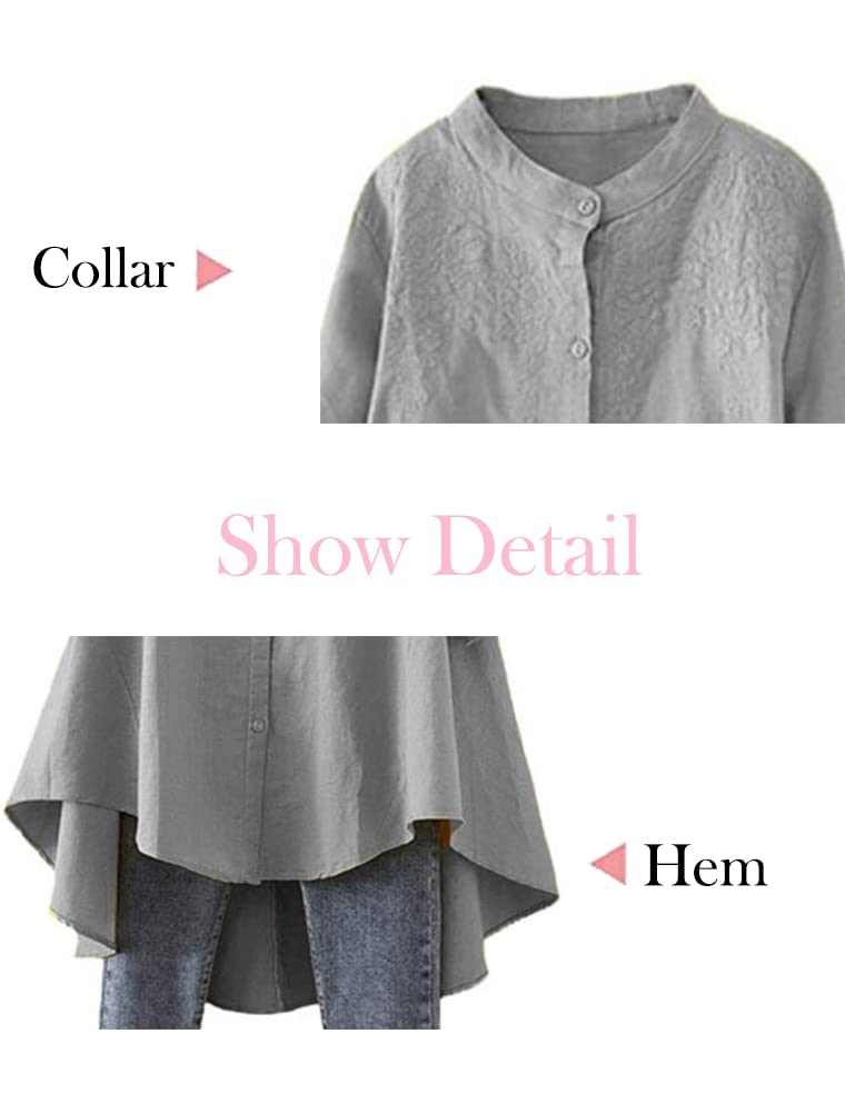 Minibee Women's Cotton Linen Shirt High Low Button Down Embroidered Blouse Long Sleeve Tunic Tops - Image 2